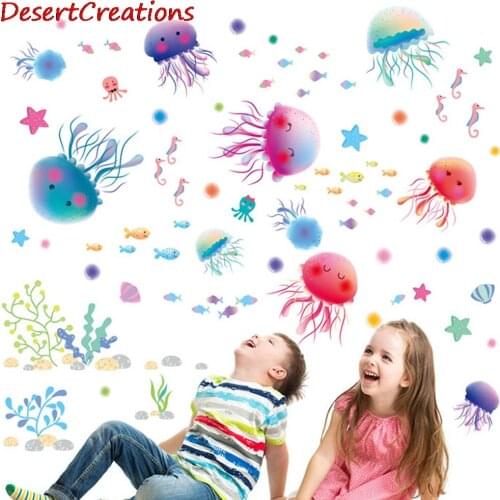 Underwater World Removable Wall Stickers Bathroom Toilet Kids Room Wall Decor Painting Waterproof Cute Jellyfish Wallpaper