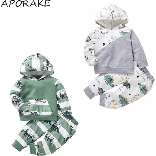 0-5Y Casual Kids Baby Boy Clothing Set Cartoon Dinosaur Print Patch Long Sleeve Hooded Top Sweatshirt+Long Pants Fall 2pcs