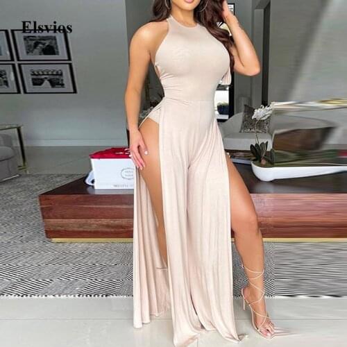 Sexy Cross Lace-Up Backless Hollow Out Jumpsuit Fashion Bodycon Halter Party Romper Women Elegant Side Split Playsuits Clubwear