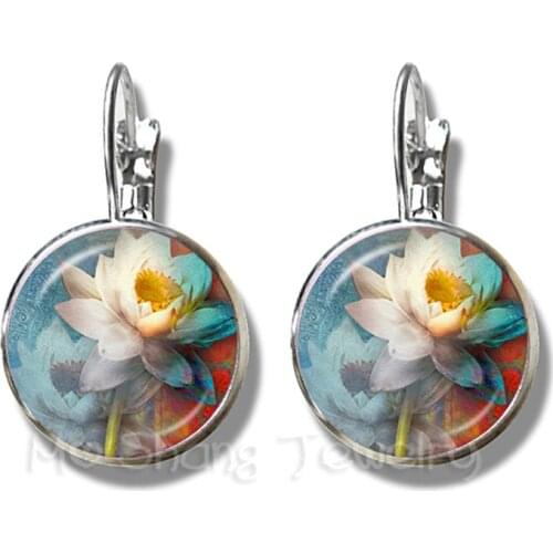 Lotus Flower Earrings Mandala Photo Art Glass Cabochon Silver Plated Stud Earrings Sacred Geometry OM Fashion Jewelry Gift