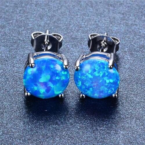 8MM Round Stone Blue Fire Opal Stud Earrings For Women Fashion Jewelry Rose Gold Silver Color Charm Multicolor Wedding Earrings