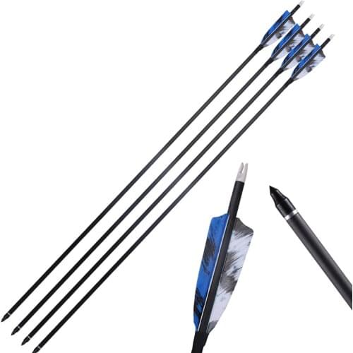 Replaceable Screw-In Archery 32 Inches Carbon Fiber Hunting/Aiming Arrows With 4 Inches Blue And White Camouflage Real Feathers