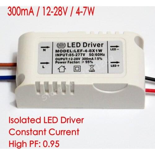 Hihg PF Isolated 300mA 4-7x1W Led Driver 4W/5W/6w/7W Power Supply DC 12V - 28V AC 110V 220V 277V for LED lights