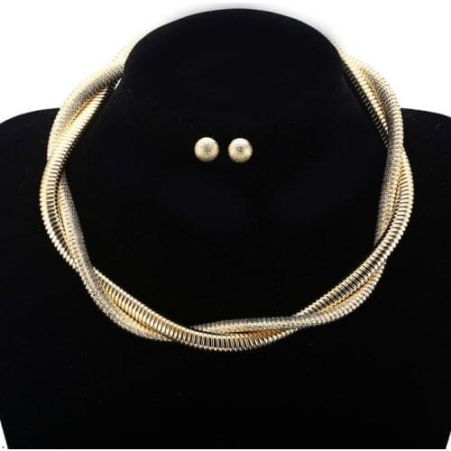 Jewelry Sets Golden&Silver Color Alloy Winding Chain Necklace Elegant Choker Collar Stud Earrings Accessories for Jewelry Women