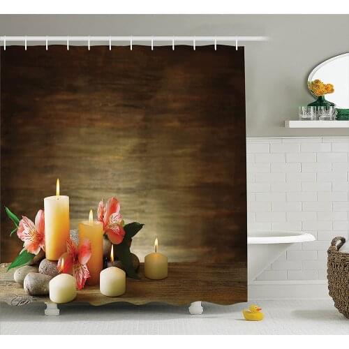 Spa Shower Curtain Spa Composition with Many Candles Wellbeing Unity and Neutrality Icons Calm Happiness Bathroom Curtains