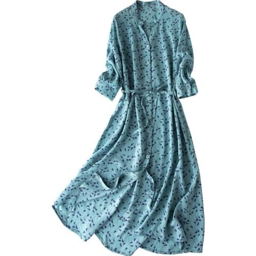 Women Summer Silk Dress Floral Print 100% Natural silk dresses Elegant Dress Casual holiday real silk long shirt dress