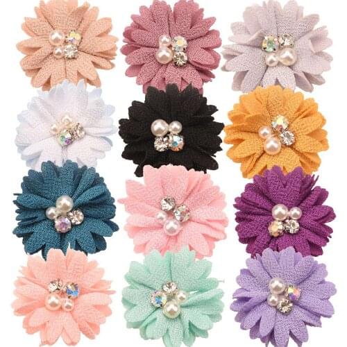 12PCS 2inch Satin Flower Kawaii Hair Accessories for Girls Hairclip Hair Flower Pearl Rhinestone Cluster Hair Bows Barrettes
