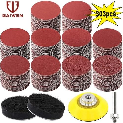 303pcs 50mm 2" Abrasive Sandpaper Sanding Discs Hook and Loop Round Sand Paper Disk Grit 60~3000 for Polishing Tool Accessories