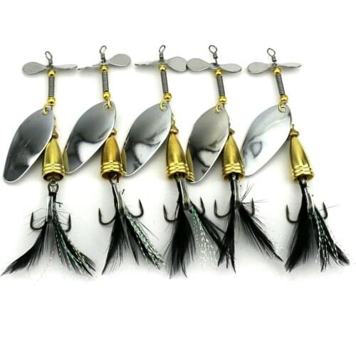 5pcs Hard Metal Fishing Lure Artificial Spinner Spoon Fishing Lure 9cm 12g Feather Hook Metal Sequin Fishing Bait Fishing Tackle