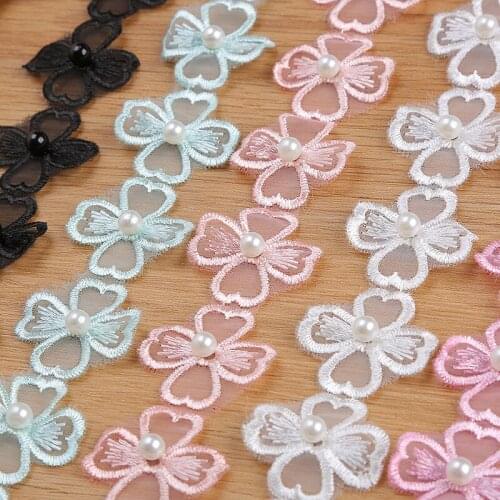 60Yards Pearls Flower Patch Handmade Red White Black Embroidered Lace Trim Ribbon Applique Wedding Dress Sewing Craft DIY