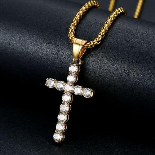 Hip Hop CZ Stone Iced Out Bling Stainless Steel Cross Pendant Necklaces for Men Women Rapper Jewelry Gold Silver Color