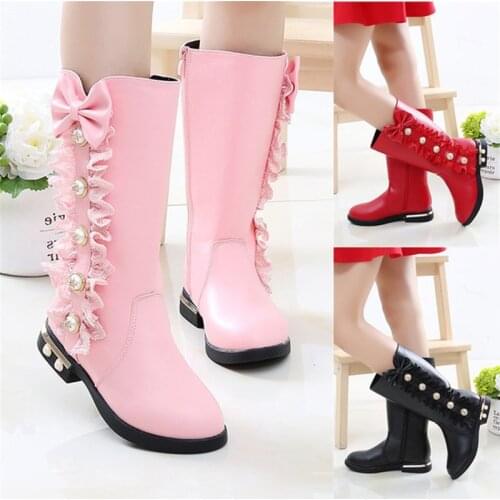 New bows Autumn Winter Children Keep warm Boots Girls PU Leather Boots Fashion High Children Princess Girls Shoes