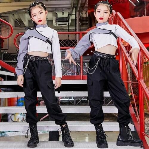 Children Hip Hop Street Dance Outfit Single Sleeve Tops Cool Black Pants Jazz Costume Suit Girls Stage Performance Wear DNV14033