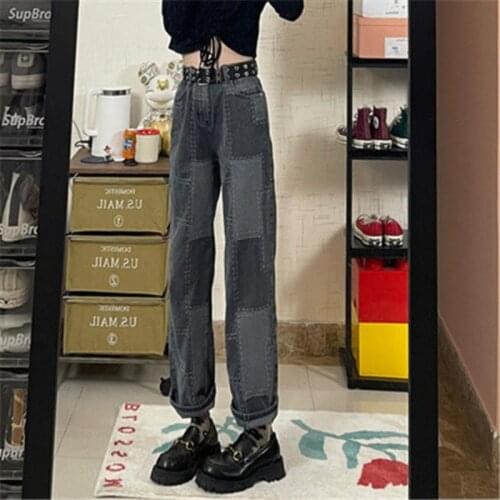 Design Stitching Patch Jeans Women High Waist Baggy Vintage Streetwear Women Jeans Loose Straight Trousers Denim Joggers Women