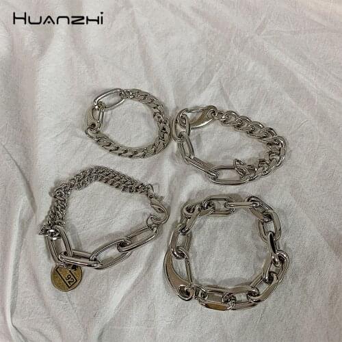 HUANZHI Silver Color Punk Bangle Classic Hip Hop Harajuku Thick Chain Thin Double Pendant Link Round Bracelet For Men Jewelry