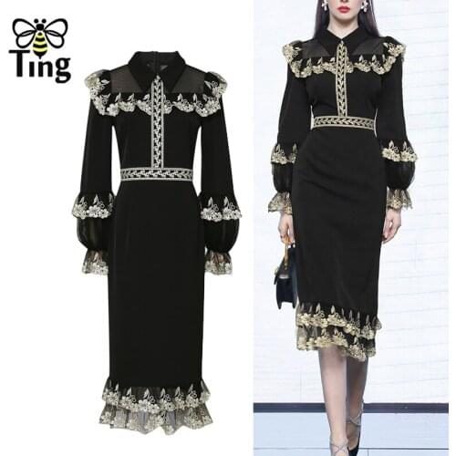 Tingfly Runway Designer Fashion Black Stylish Luxury Flower Embroidery Party Dinner Dresses Retro Princess Chic Elbise Office Za