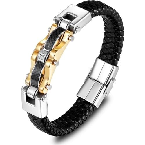 KALEN Biker Carbon Fiber Bracelet Men Stainless Steel Leather Bracelet