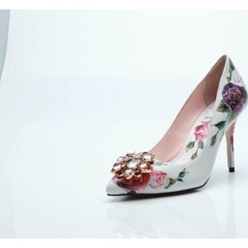 Newest Rose Flower Printed Leather Pumps 10CM Pointed Toe High Heels Party 6CM Crystal Front Wedding Shoes