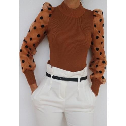 2020 Fashion New Polka Dot Womens Ladies Polka Dots Tops Puff Sleeve Mesh Sheer Long Sleeve T-Shirts Jumper Slim Top Clothes