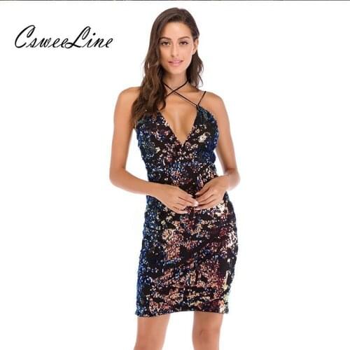 New Womens Strappy Shining Black Sequin Dress Sexy Bodycon Dress Clubwear V Neck Spaghetti Strap Luxury Party Night Club Dresses