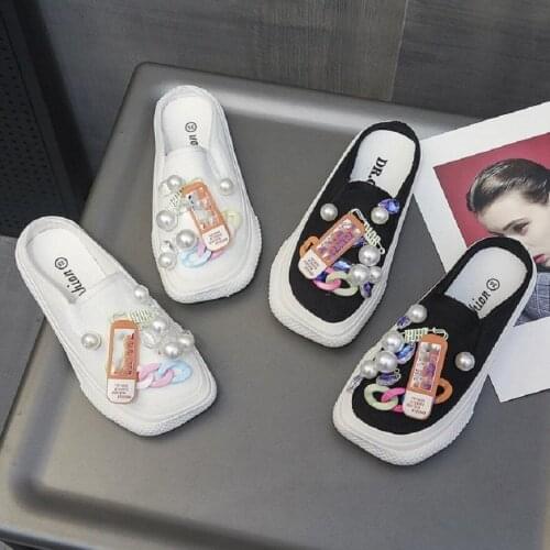 Baotou semi-slippers female outer wear 2021 summer new square head water drill canvas cool drag flat bottom a lazy shoes