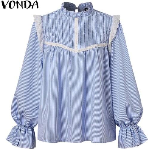 Casual Tops Women Long Sleeve Pleated Tops Striped Shirts 2021 VONDA Women Female Blusas Femininas Tunic S