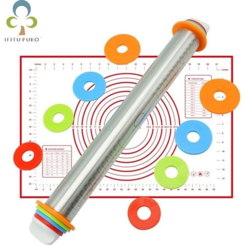 Adjustable Stainless Steel Rolling Pin Dough Mat Dough Roller 4 Removable Adjustable Thickness Rings Pizza Pastry Pie Baking ZXH