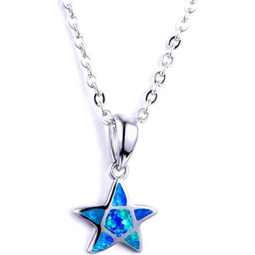 Luxury Female Star Pendants Necklaces Boho Silver Color Wedding Necklace Fashion Blue Fire Opal Necklaces For Women