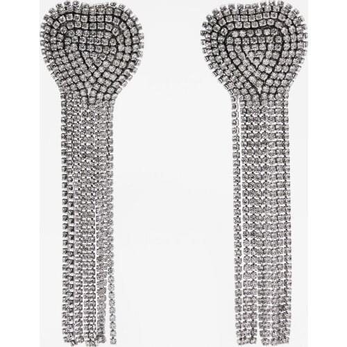 Vedawas 2021 ZA Gemstone Heart Earrings for Women Korean Crystal Bling Flower Silver Color Long Fringed Tassel Earring Gifts