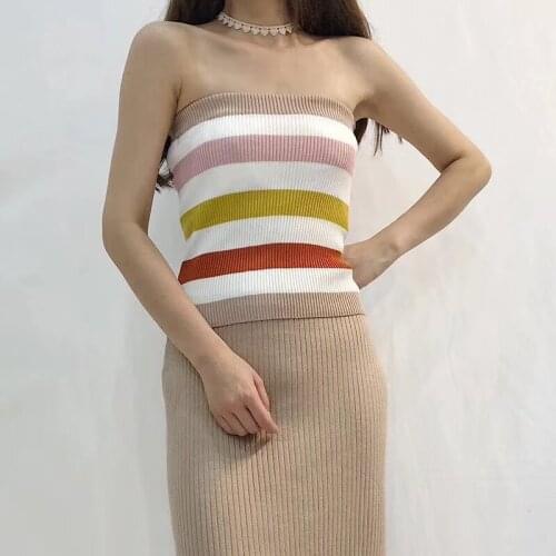 Chic Summer Women Off Shoulder Brief Vest Casual Rainbow Stripe Backless Knitted Tube Top