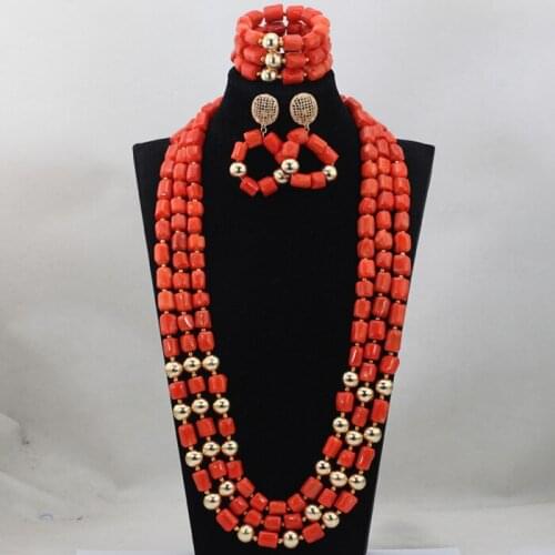 Splendid 3 Layers Quality Real Coral Beads Necklace Bracelet Earrings Set 32inches Long Wedding Jewelry Free Shipping CNR646