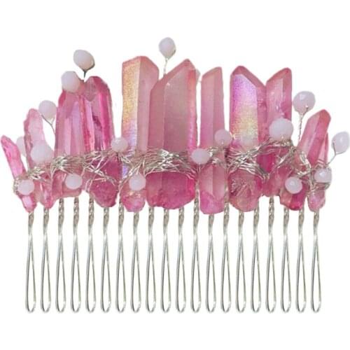 Ladies Handmade Natural Stone Bridal Hair Comb Jewelry Pink AB Raw Quartz Crystal Tiara Women Wedding Party Headpiece