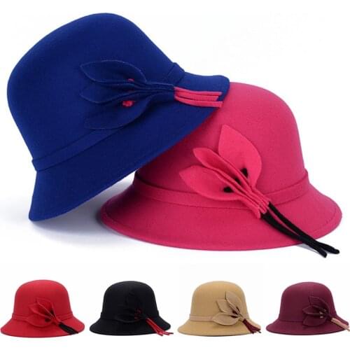 Elegant Ladies Formal Fedora Bowler Hats Fashion Vintage Women Hat Imitation Woolen Leaf Spring Winter Keep Warm Bucket Cap