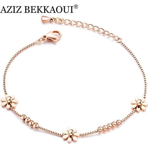 AZIZ BEKKAOUI Simple Style Rose Gold Sun Flower Bracelet Stainless Steel Bracelet for Women Chain Link Bracelets Summer Jewelry
