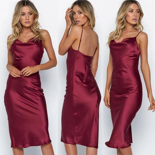 Elegant Womens Summer Satin Dress Casual Sleeveless Strap Party Soft Solid Backless Ladies Slim Dresses Beach Sundress