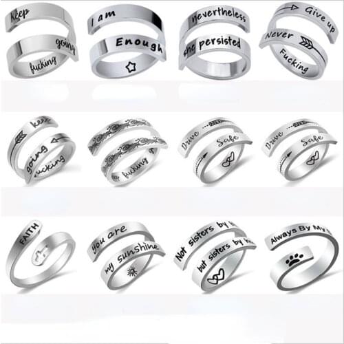 Inspirational Rings Engraved Lettering Keep Fucking Going Ring for Women Men Girls Titanium Steel Arrow Encouragement Open Ring