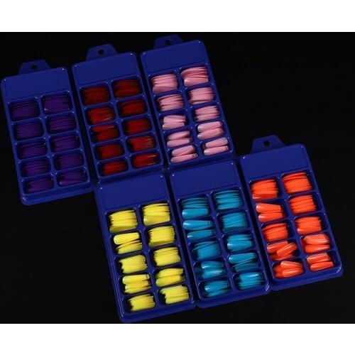 100 Pcs/set Fake Nails Tips Blister Matte Full Cover Blue Box Sticker Spherical Candy Color Long Coffin Detachable