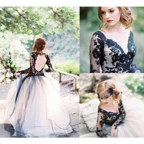 2020 Black And White Tulle Boho Wedding Dresses Sexy V Neck Backless Illusion Long Sleeves Plus Size Bridal Party Gowns Vestidos