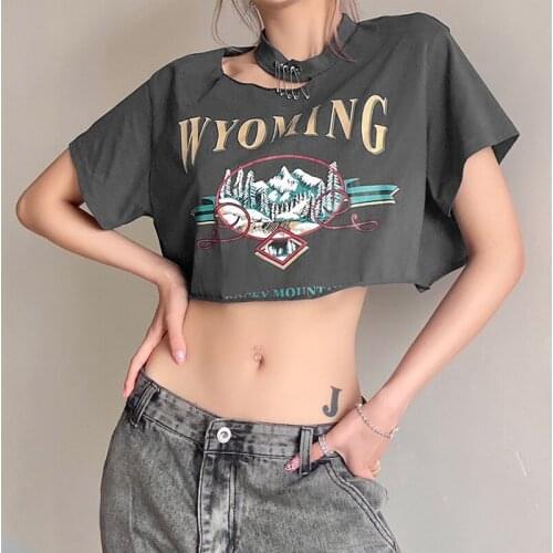 2021 New Summer Vintage Grunge Print Crop Top Women Punk Irregular Hollow Out T Shirt Pin Decoration 90s Y2k Hip Hop Streetwear