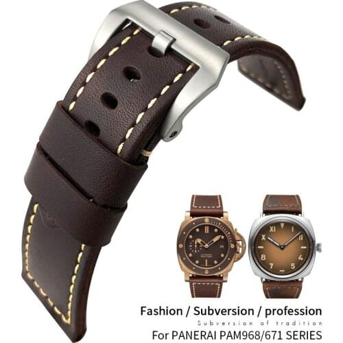 26mm High Quality Genuine Brown Cow Leather For Bronze Panerai Strap pam00968 00671 Handmade Men Bracelet Accessories Pin Buckle