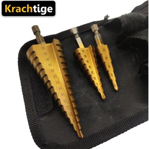 3Pcs Hss Step Drill Bit Set Titanium Coated Cone Taper Hex Drill Bits Hole Cutter Metric Spiral Center Step Drills 4-12/20/32mm