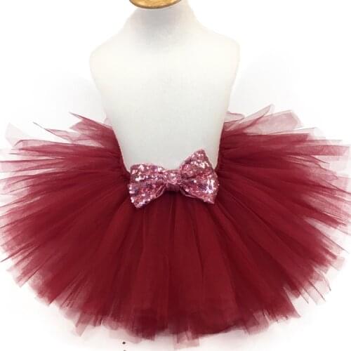 Girls Burgundy Tutu Tulle Skirts Baby Ballet Glitter Pettiskirts Underskirts with Pink Sequin Bow Children Party Costume Skirts