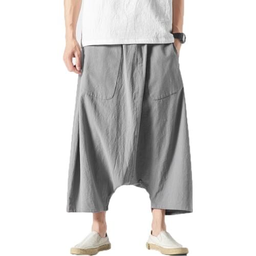 Cotton Linen Men Wide Leg Pants Summer Men Casual Calf-Length Pants Male Track Pants Solid Big Pocket Baggy Pants Trousers