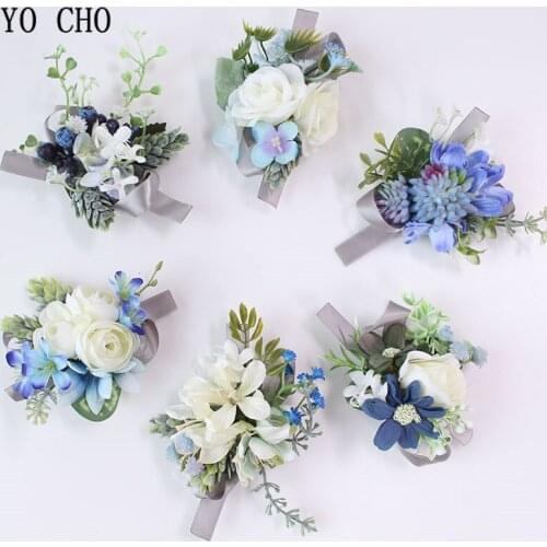 YO CHO Groom Boutonniere Pin Wedding Corsage Flower Wrist Corsage Blue Cuff Bracelet Bridesmaid Silk Wedding Brooch Witness Prom