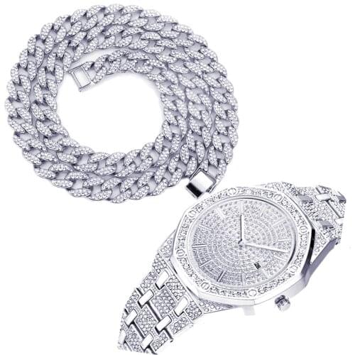 Necklace Bracelet Luxury Watch Hip Hop Miami Cuban Chain Gold Watch for Men Iced Out Watches Paved Rapper Mens Watch Bangle Gift