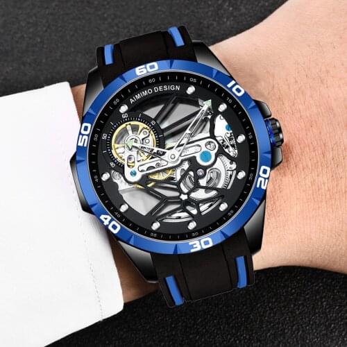 AIMIMO DESIGN Men`s Watches Skeleton Tourbillon Automatic Watch Waterproof 30M Mechanical Wrist Watch Silicone relogio masculino