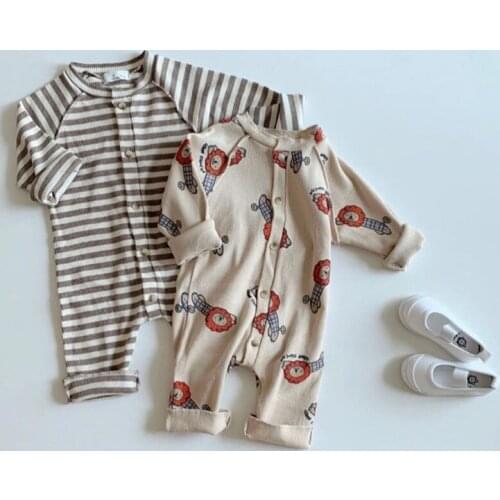 2021 Korean Style Spring Autumn Newborn Baby Clothes Infant Boys Girls Long Sleeve Romper Children Striped Cartoon Lion Suit