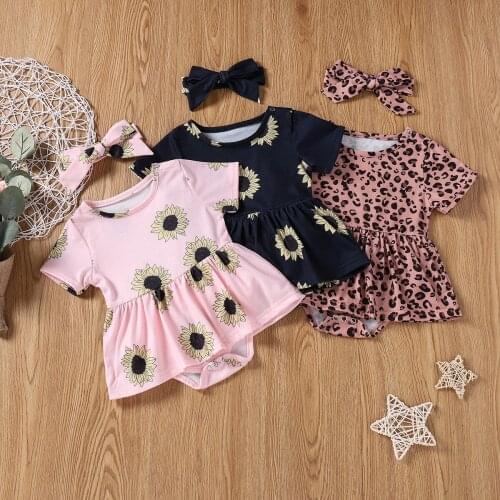 Infant Toddler Baby Girl Romper Leopard Short Sleeve Newborn Girls Rompers Jumpsuit Summer Sunflower Print Casual Romper Dress