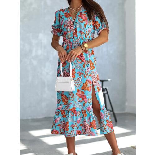 Women 2021 Summer V Neck Button Split Long Dress Elegant Gorgeous Floral Print Party Dress Spring Short Sleeve A-Line Maxi Dress