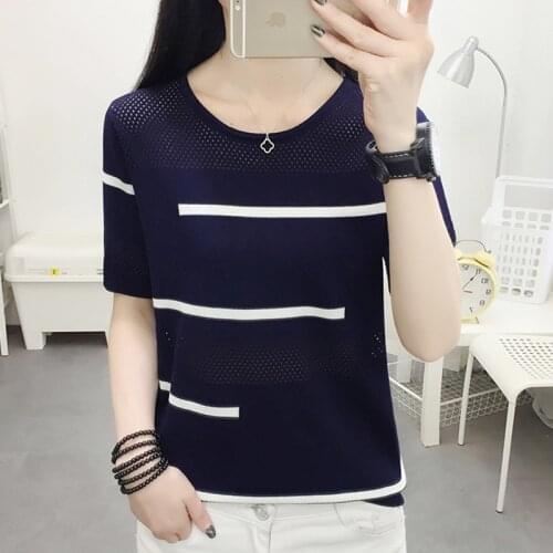 Short Sleeve Striped T-Shirt Women Elegant Summer Hollow Out Knitted Tees Casual O-Neck Woman Tshirts Female white T Shirt Femme